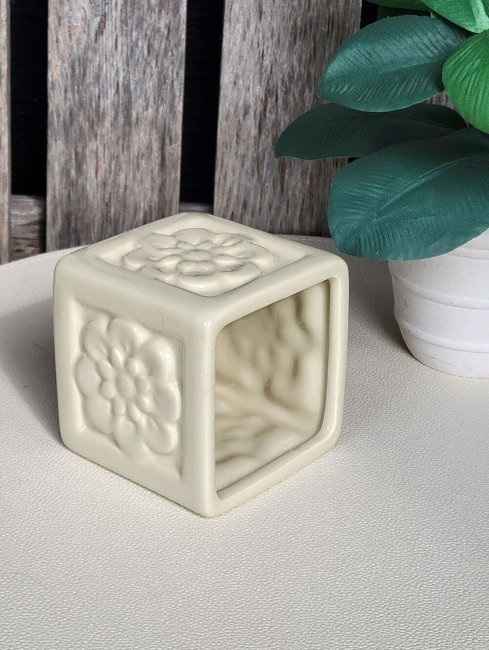 Embossed Floral Ivory Square Ceramic Container